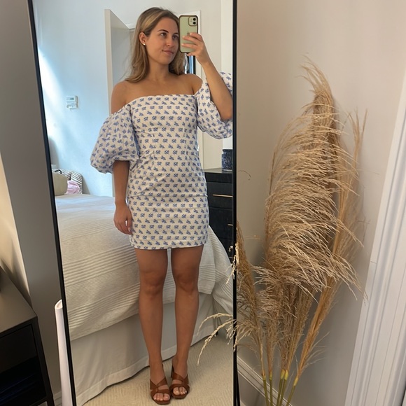 CAROLINE CONSTAS Puff Sleeve Blue and White Pattern Mini Puff Sleeve Dress - Picture 4 of 5